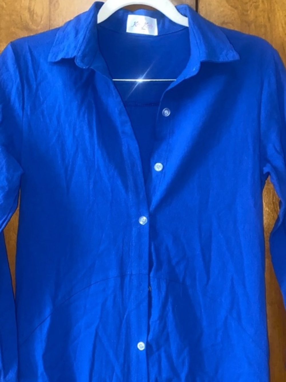 Blue Small Collared Button Down Shirt Dress Side Slits Roll Tab Long Sleeves - Picture 5 of 8